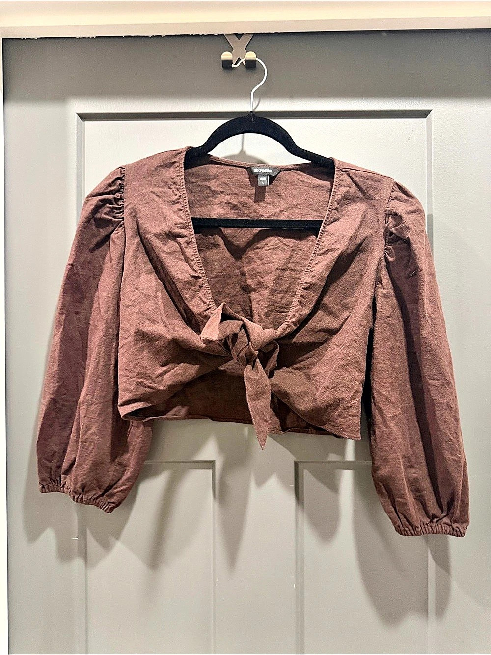 Express Linen-Blend Tie Front Puff Sleeve Cropped Top Brown Large